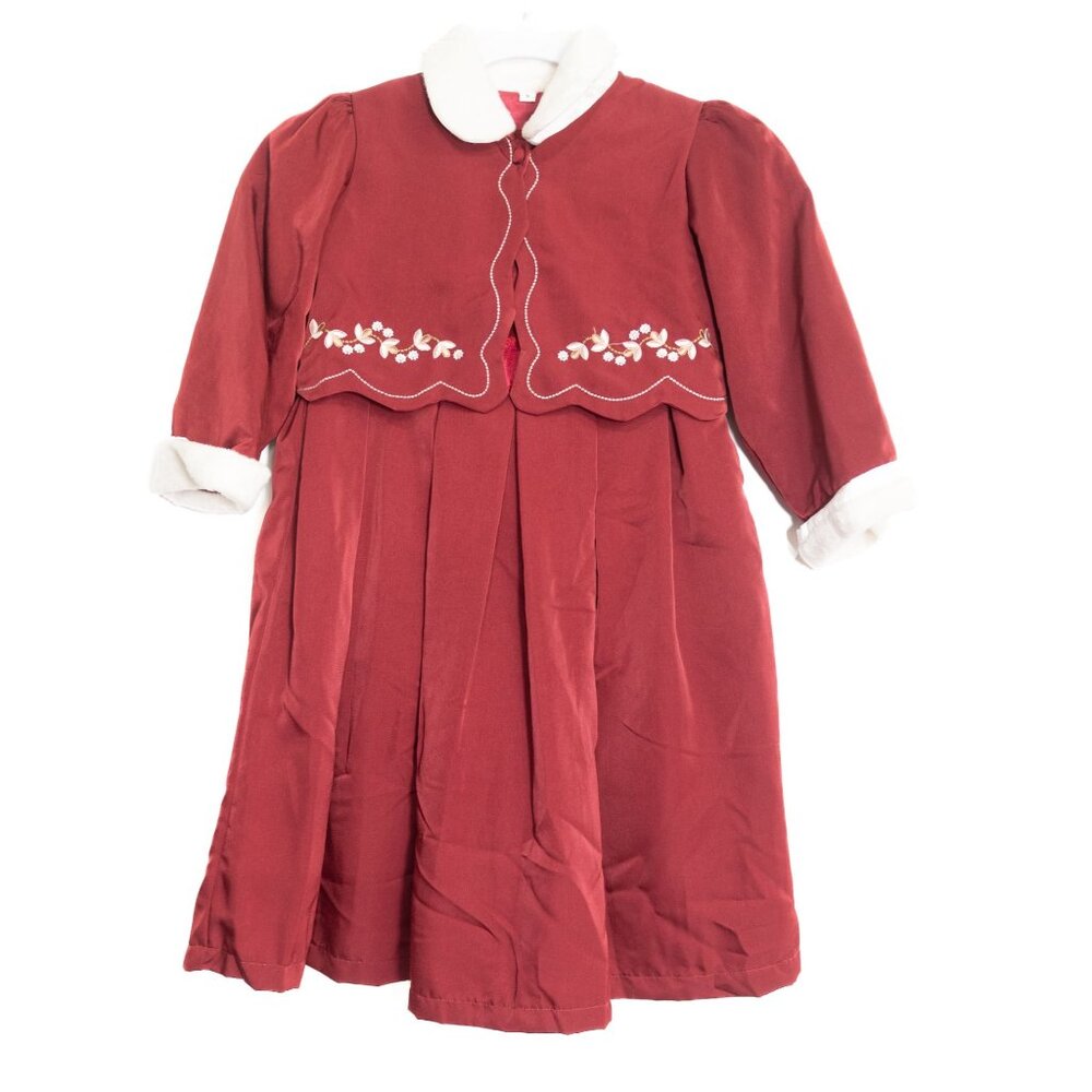 A&M Size 5 Girls Burgundy Pleated Dress W/ Scalloped Embroidered Bolero Shrug